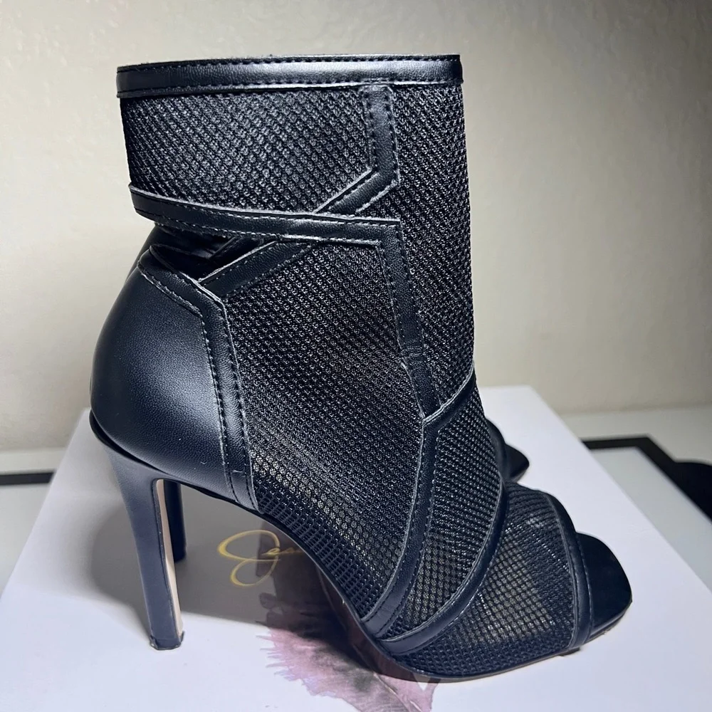 Women's Black Mesh Peep-Toe Stiletto Booties - Picture 3 of 5